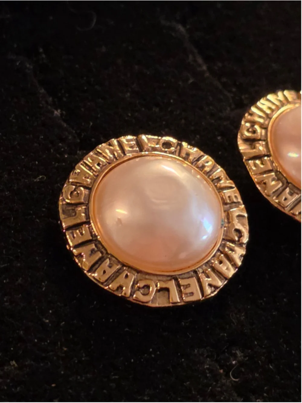 Chanel 24K Gold Plated Spell Out Pearl Clip Earrings 1983 - Picture 3 of 7